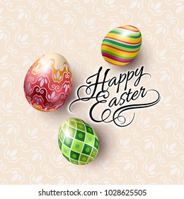Spring, Easter Mock Up Scene with Colorful Eggs and Pattern Background, with Calligraphy Text, Top View