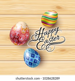 Spring, Easter Mock Up Scene with Colorful Eggs and Wooden Background, with Calligraphy Text, Top View