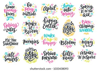 Spring and Easter modern calligraphy quotes set with floral doodles decorative elements. Seasonal hand written lettering, isolated on white background. Vector illustration