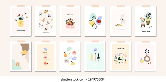 Spring Easter mood greeting card poster template. Welcome spring season invitation. Minimalist postcard nature leaves, tree, flowers, houses, abstract shapes. Vector illustration in flat cartoon style