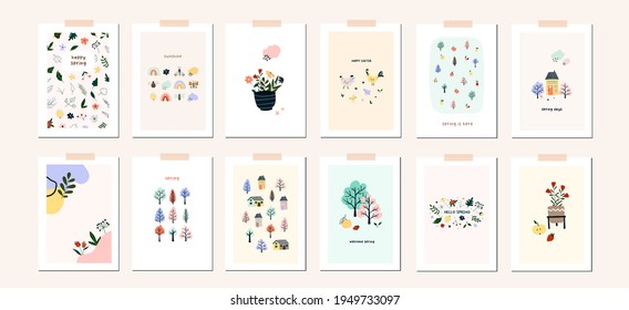 Spring Easter mood greeting card poster template. Welcome spring season invitation. Minimalist postcard nature leaves, tree, flower, houses, abstract shapes. Vector illustration in flat cartoon style