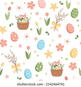 Spring easter pattern with cute elements - decorated eggs and flowers. Vector illustration in flat cartoon style