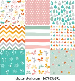 Spring, easter patterns. Vector seamless backgrounds.