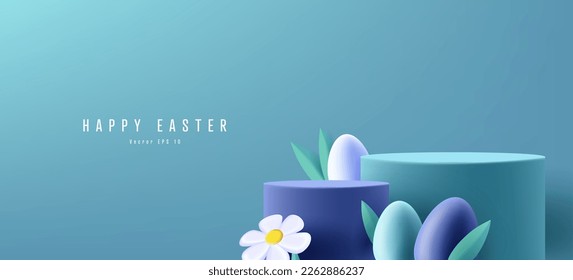 Spring Easter podium, cylinder pedestal with white chamomile daisy flowers, colourful eggs and grass, render 3d graphics