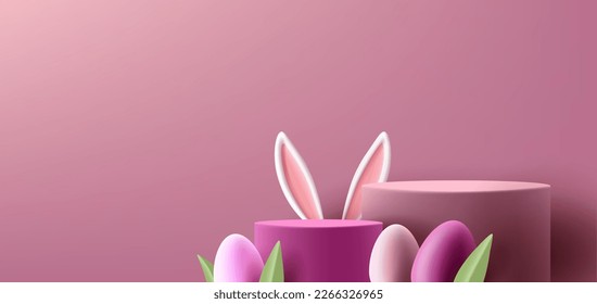 Podio de primavera de Pascua, pedestal de cilindros con huevos y oídos conejidos, colores rosados, fondo de primavera