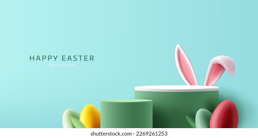 Spring Easter podium, green cylinder pedestal with colourful eggs and bunny ears