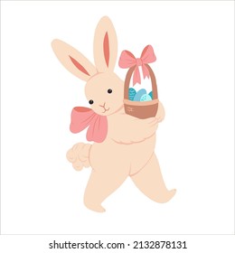 Spring Easter Rabbit with Baw and Wicker Basket full of Eggs. Hand draw Cartoon character rabbit. Vector illustration