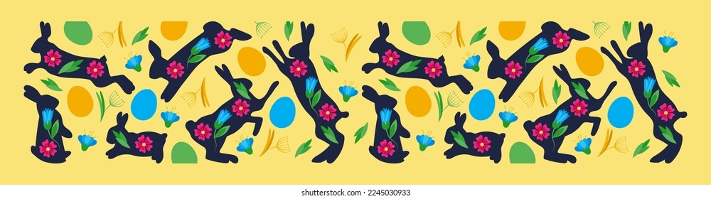 Spring Easter rabbits. Funny bunnies. Cute greeting cards. Folk animal silhouettes. Elegant abstract design. Eggs and blooming flowers. Gold decoration. Vector banner current background