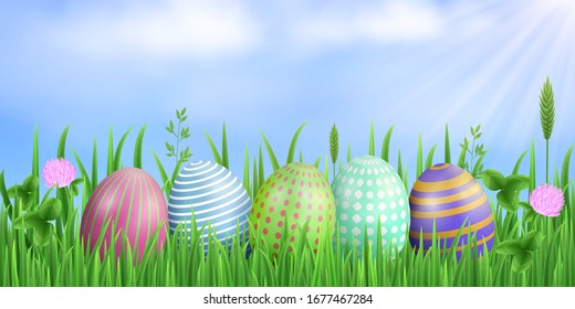 Spring easter rectangular background. Painted eggs, blue sky, sun rays, fresh green grass, flowers and clover leaves. Vector concept. EPS 10