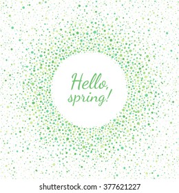Spring or easter round frame. Dots frame with empty space for your text. Frame made of green spots of various size. Circle shape. Shades of green nature, eco abstract background.