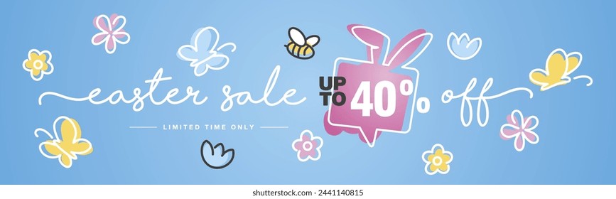 Spring Easter Sale up to 40 percent off handwritten typography lettering line design bunny speech bubble colorful flowers butterflies tulips blue greeting card