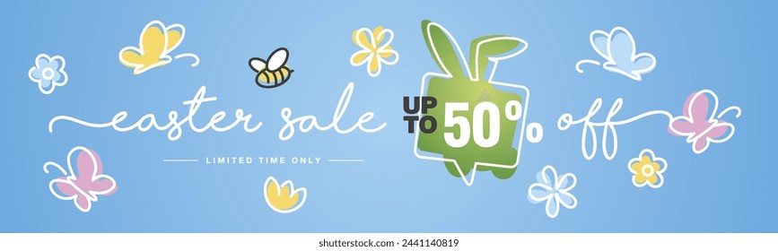 Spring Easter Sale up to 50 percent off handwritten typography lettering line design bunny speech bubble colorful flowers butterflies tulips blue greeting card