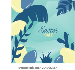SPRING EASTER SALE SOCIAL MEDIA POST DESIGN BLUE BACKGROUND LEAF EGG ILLUSTRATION SALE FLYER WITH GREEN THEME