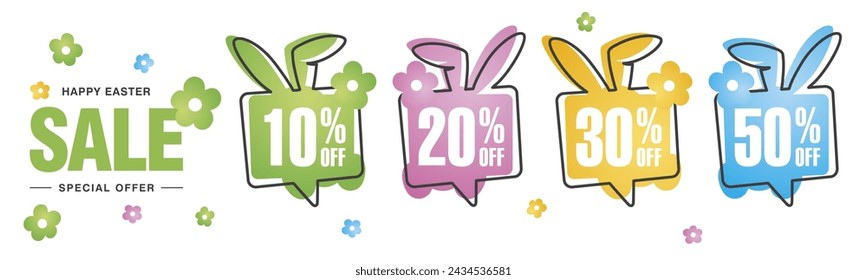 Spring Easter Sale special offer 10 20 30 50 percent off colorful flower and Easter bunny negative space discount numbers stickers white background