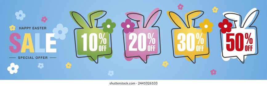 Spring Easter Sale special offer 10 20 30 50 percent off colorful flower and Easter bunny negative space discount numbers stickers blue background