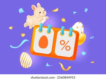 Spring Easter sale special offer with 3D bunny, ring calendar and eggs. Template for social networks, greeting card, web ads. Holiday design with percent for online shopping cover. Vector illustration