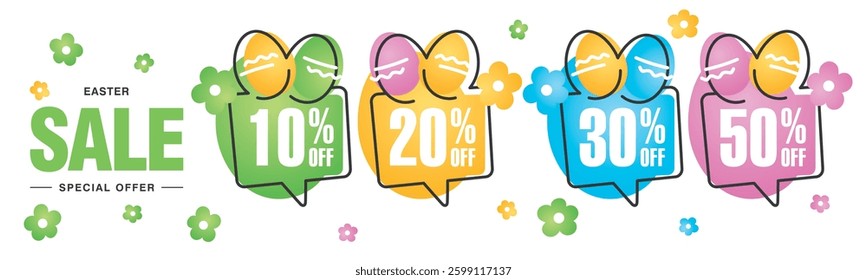 Spring Easter Sale special offer 10 20 30 50  10% 20% 30% 50% percent off colorful flower and Easter eggs negative space discount numbers stickers white background