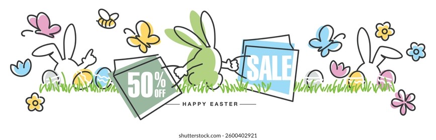 Spring Easter Sale special offer 50 50% percent off. Easter bunny carries bags with discounts. Colorful flowers, butterflies, bee, bunnies, Easter eggs and grass in the background