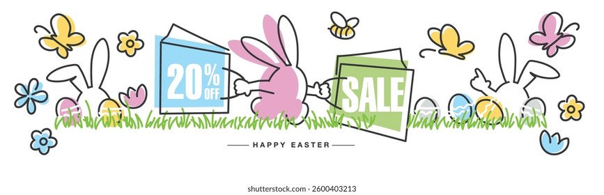 Spring Easter Sale special offer 20 20% percent off. Easter bunny carries bags with discounts. Colorful flowers, butterflies, bee, bunnies, Easter eggs and grass in the background