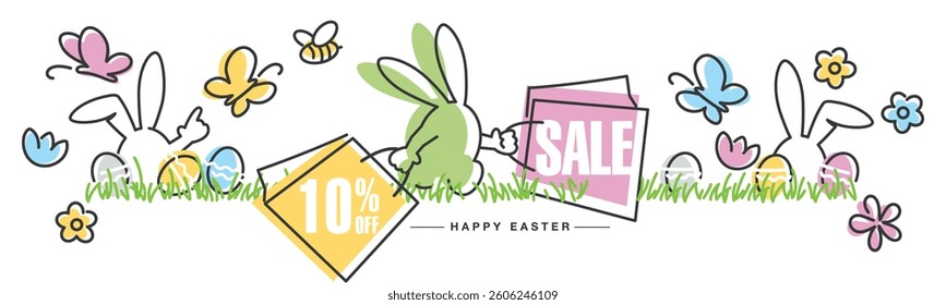 Spring Easter Sale special offer 10 10% percent off. Easter bunny carries bags with discounts. Colorful flowers, butterflies, bee, bunnies, Easter eggs and grass in the background