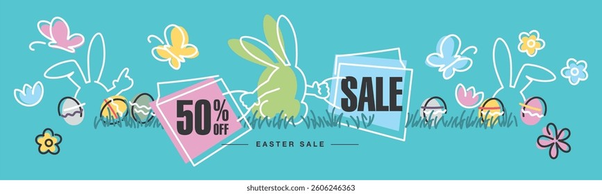 Spring Easter Sale special offer 50 50% percent off. Easter bunny carries bags with discounts. Colorful flowers, butterflies, bee, bunnies, Easter eggs and grass in the sea green background