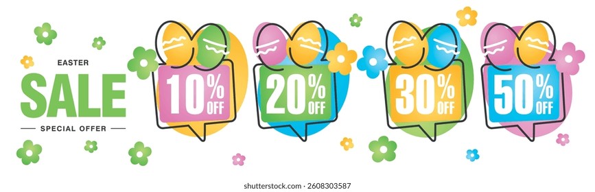 Spring Easter Sale special offer 10 20 30 50 percent off colorful flowers and Easter eggs negative space discount numbers over egg speech bubble stickers white background