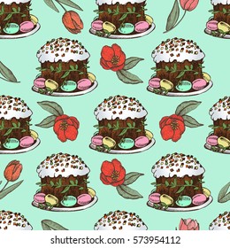 Spring Easter seamless  with cakes. Vintage festive pattern. Seamless for fabric, paper and other printing and web projects.