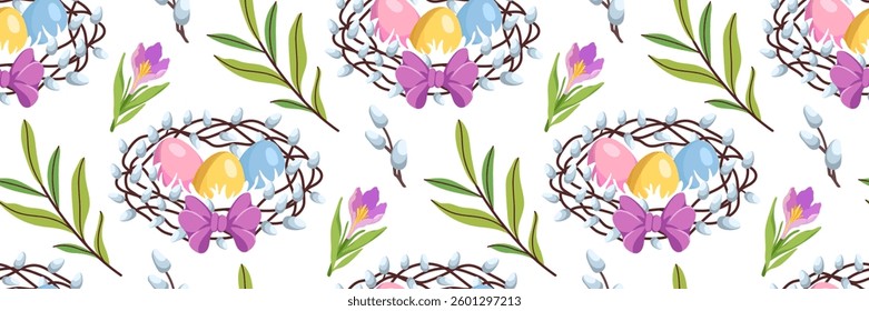 Spring Easter seamless pattern with bird nest, colored eggs and flowers. Traditional religious elements. Floral festive background for invitations. Vector flat illustration.