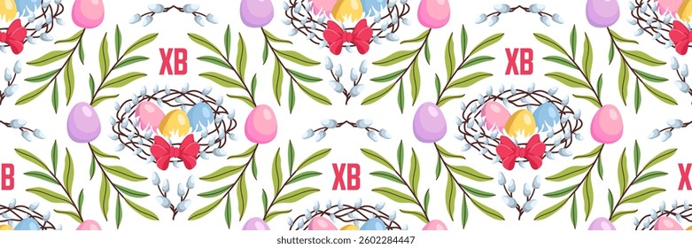 Spring Easter seamless pattern with bird nest, colored eggs and flowers. Traditional religious elements. Floral festive background for invitations. Vector flat illustration.