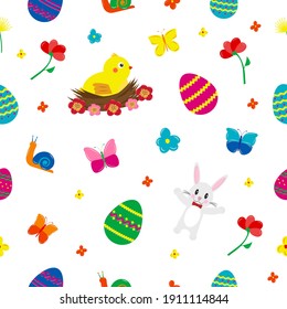 Spring Easter seamless pattern with cute decor elements, colorful butterflies, birds, eggs and flowers. Vector illustration isolated on white background.