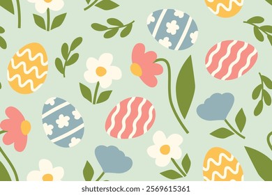 spring, easter seamless pattern with flowers and decorated eggs- vector illustration