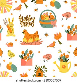 Spring Easter seamless pattern with rabbit and eggs. Suitable for printing on fabric and paper. Vector cute background.