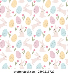 Spring easter seamless pattern with rabbits, eggs and tulip flowers. Cute simple background. Fabric textile print. Surface cover design.