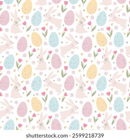 Spring easter seamless pattern with rabbits, eggs, tulips and flowers. Cute simple background. Fabric textile print. Surface cover design.