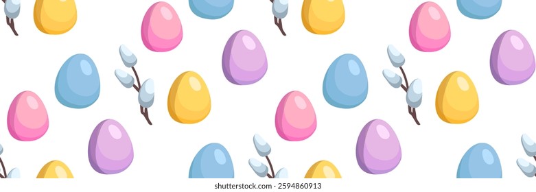 Spring Easter seamless pattern with small blooming willow branch and colored egg. Traditional religious elements. Horizontal festive background for invitations. Vector flat illustration.