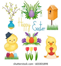 Spring and easter set. Chickens and duck with egg. Vector illustration, cartoon style