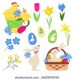 Spring and Easter set of cute animals, chick, rabbit or hare, flowers, eggs and decorations. Good for poster, card, scrapbooking , tag, invitation, sticker kit. Hand drawn vector illustration.
