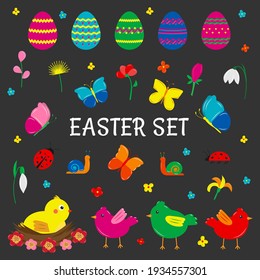 Spring Easter set with cute decor elements, colorful butterflies, birds, eggs and flowers. Flat cartoon style. Vector illustration.