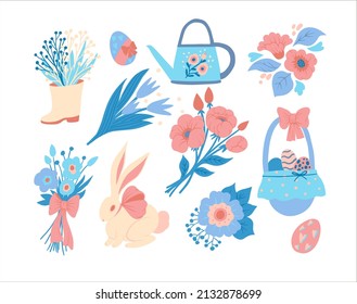 Spring Easter set of rabbit, eggs, watering can for flowers, bunny, flowers,basket, rabbit. Happy Easter holiday vector illustration
