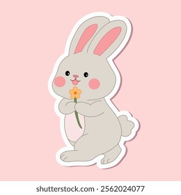Spring Easter sticker with rabbits. Bunny with Easter egg clipart sticker set printable for kids activity and Easter worksheets. Cute Bunny with spring flower.