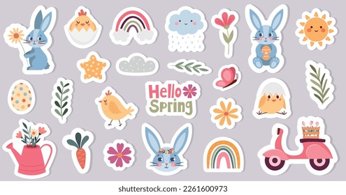 Spring Easter sticker Set with rabbits and chickens