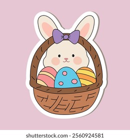 Spring Easter sticker set with rabbits. Bunny with Easter egg clipart vector. Easter bunny sticker set printable for kids activity and Easter worksheets. Cute bunny with painted eggs.