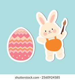 Spring Easter sticker set with rabbits. Bunny with Easter egg clipart vector. Easter bunny sticker set printable for kids activity and Easter worksheets. Cute bunny with painted eggs.