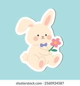 Spring Easter sticker set with rabbits. Bunny with Easter egg clipart vector. Easter bunny sticker set printable for kids activity and Easter worksheets. Cute bunny with painted eggs.