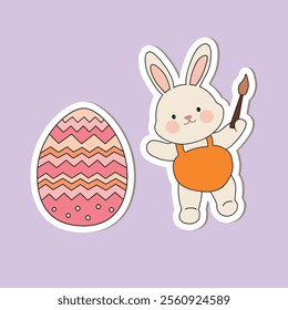 Spring Easter sticker set with rabbits. Bunny with Easter egg clipart vector. Easter bunny sticker set printable for kids activity and Easter worksheets. Cute bunny with painted eggs.