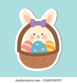 Spring Easter sticker set with rabbits. Bunny with Easter egg clipart vector. Easter bunny sticker set printable for kids activity and Easter worksheets. Cute bunny with painted eggs.