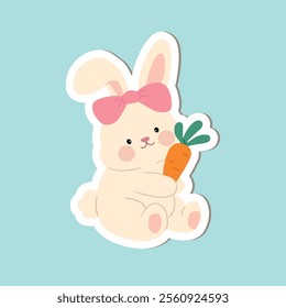 Spring Easter sticker set with rabbits. Bunny with Easter egg clipart vector. Easter bunny sticker set printable for kids activity and Easter worksheets. Cute bunny with painted eggs.