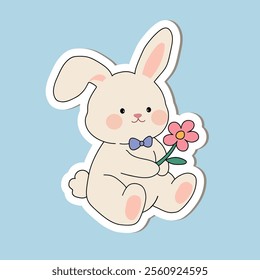 Spring Easter sticker set with rabbits. Bunny with Easter egg clipart vector. Easter bunny sticker set printable for kids activity and Easter worksheets. Cute bunny with painted eggs.