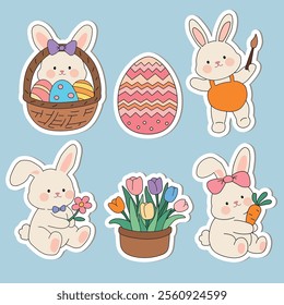 Spring Easter sticker set with rabbits. Bunny with Easter egg clipart vector. Easter bunny sticker set printable for kids activity and Easter worksheets. Cute bunny with painted eggs.