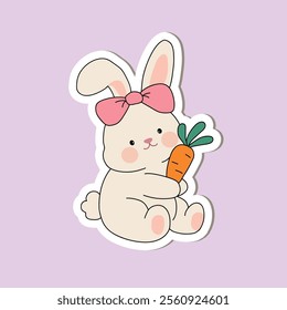 Spring Easter sticker set with rabbits. Bunny with Easter egg clipart vector. Easter bunny sticker set printable for kids activity and Easter worksheets. Cute bunny with painted eggs.